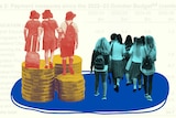 A graphic showing two groups of children in school uniforms, one is standing on top of some coins