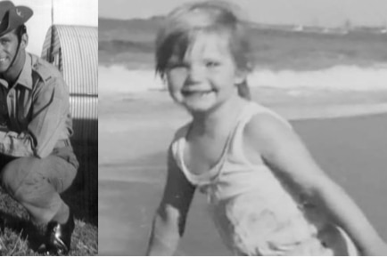 A split image showing black-and-white photos of a little girl with a man in military garb and the same girl on a beach.