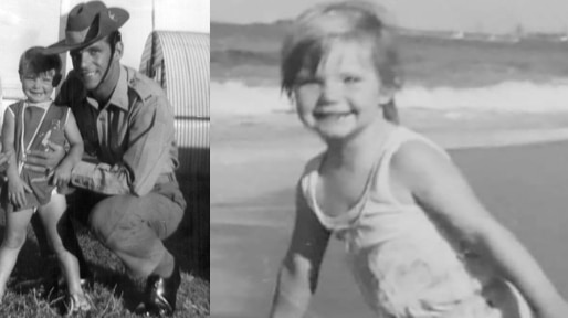 A split image showing black-and-white photos of a little girl with a man in military garb and the same girl on a beach.