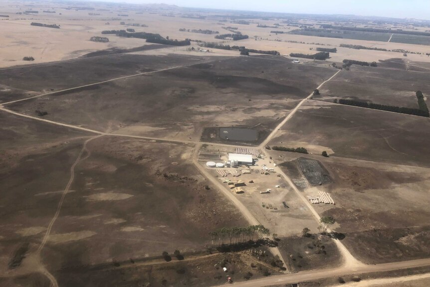 An aerial view of Brad and Jill Porter's property at Garvoc, in western Victoria, two months after bushfires.