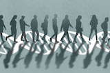 An illustration of a line of silhouetted people walking along a DNA spiral.