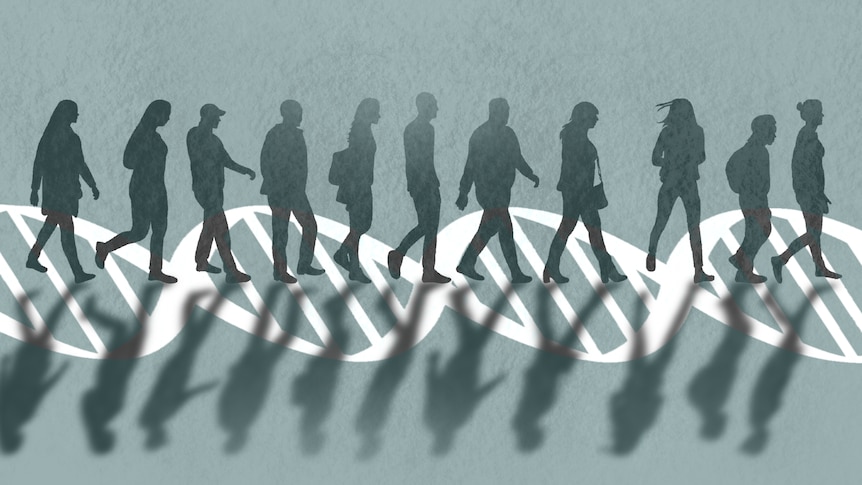 An illustration of a line of silhouetted people walking along a DNA spiral.