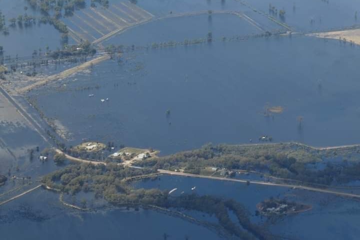 An aerial view of a flood zone.