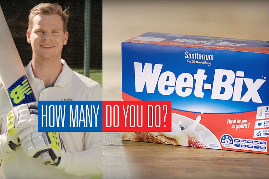 Steve Smith advertising Weet-Bix in YouTube video.