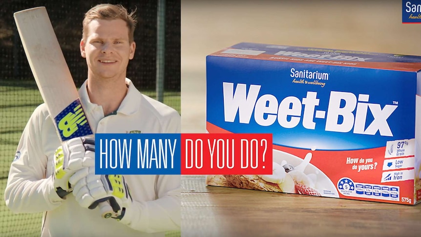 Steve Smith advertising Weet-Bix in YouTube video.