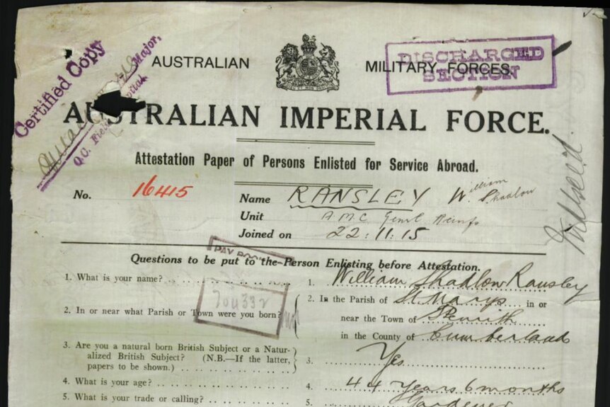 William Ransley's enlistment papers dated 1915