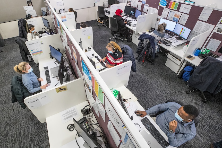 A room filled with masked desk workers making phone calls