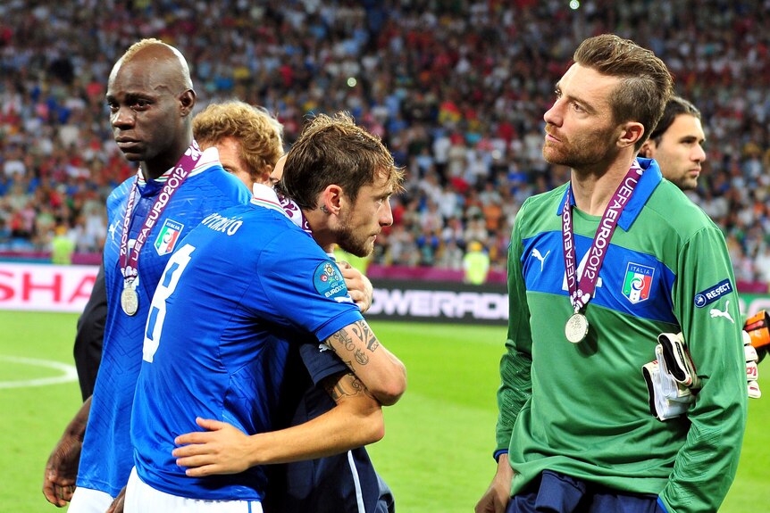 Italy’s Mario Balotelli cries after team's loss in the Euro 2012 final 4-0 to Spain.