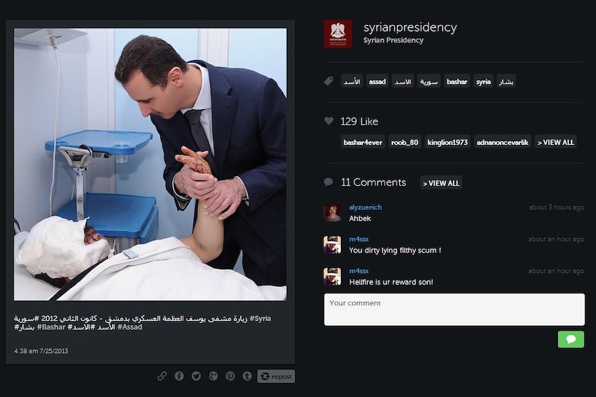 Bashar al-Assad visits a patient in hospital, on the Instagram account being used by al-Assad.