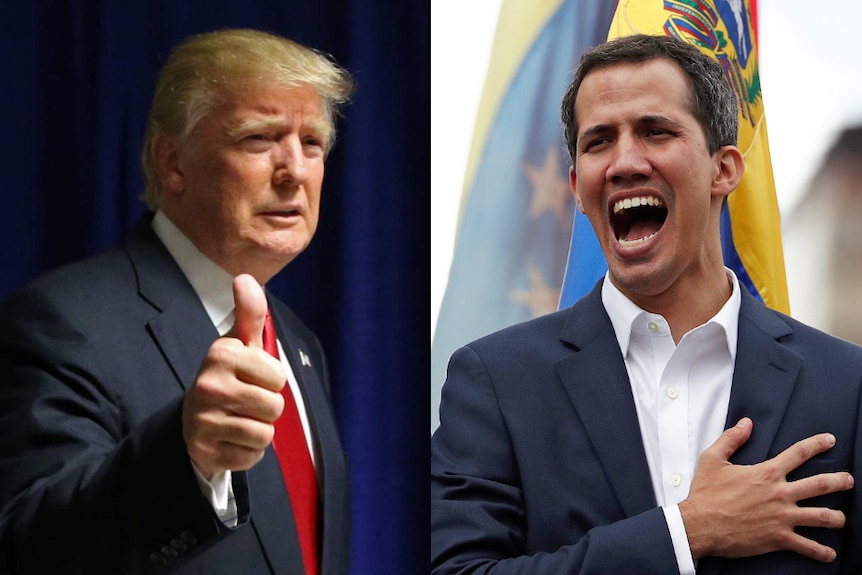A composite of two photos stitched together shows Donald Trump giving the thumbs up and Juan Guaido with his hand on his heart.