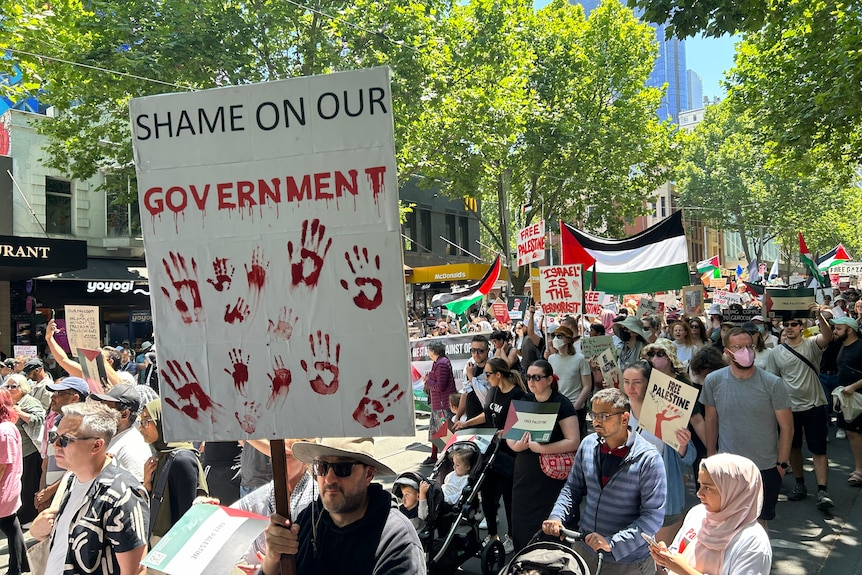 People holding up signs, banners and flags as they walk through a Melbourne CBD street for a protest.