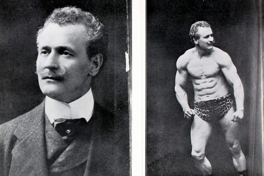 Old black-and-white photos of The Mighty Sandow close-up and showing his muscles