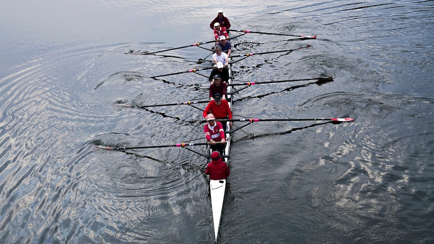 Rowers sit in a white boat wearing red and caps and holding oars on the river