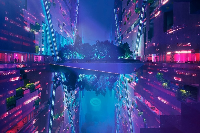 An illustration shows a bridge connecting two mirrored skyscrapers at night.