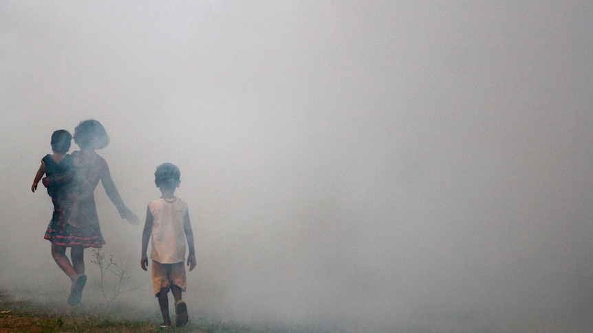 Children of local residents walk through an area being fumigated by municipal workers near to one of the venues for the Commonwealth Games on the outskirts of New Delhi