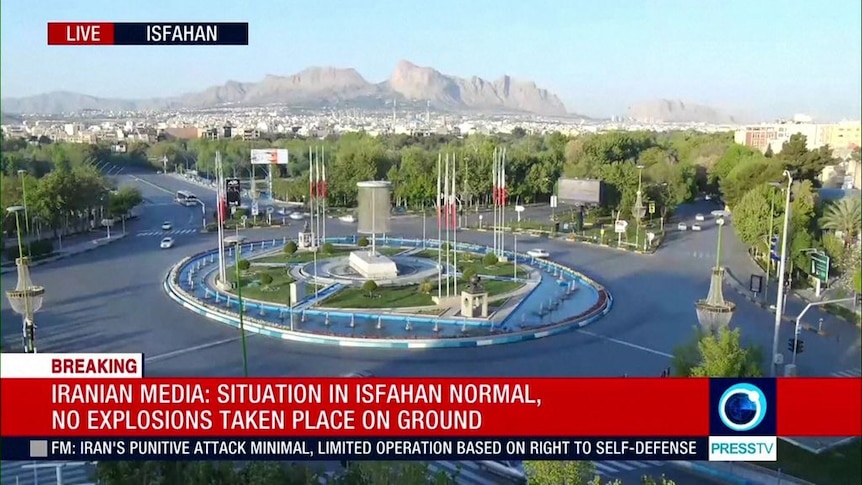Screen shot of local Iranian TV that depicts a view of Isfahan in Iran after air defense batteries fired