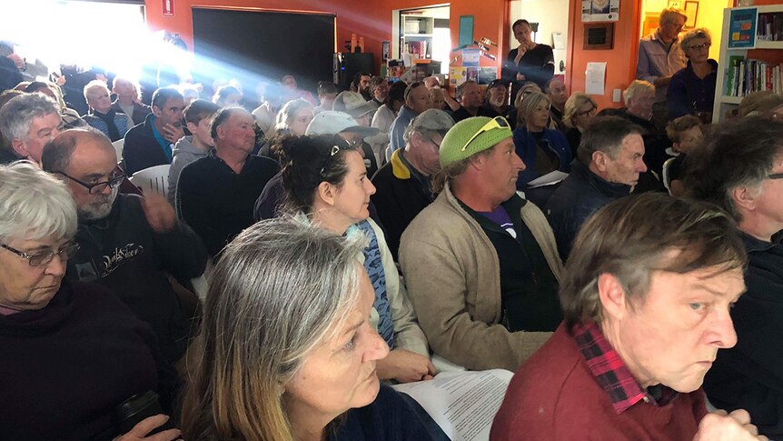 Community members at anti-salmon farming meeting at Dodge's Ferry, Tasmania.