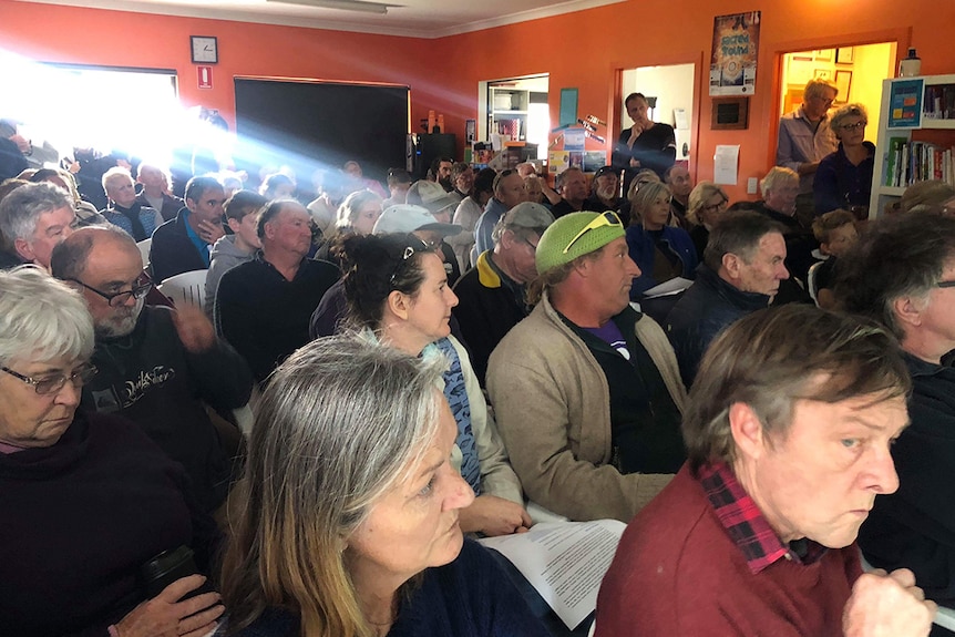 Community members at anti-salmon farming meeting at Dodge's Ferry, Tasmania.