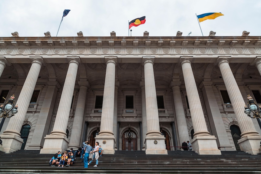 A group sits on the stairs in front of Victoria's parliament house.