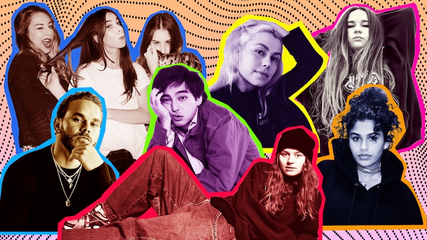 Collage of Laneway 2023 acts Haim, Joji, Phoebe Bridgers, Mallrat, JACOTÉNE, girl in red, Tasman Keith