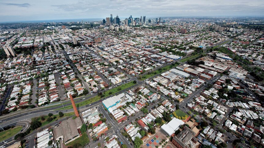 Aerial view of Melbourne from the end of the Eastern Freeway in Abbottsford