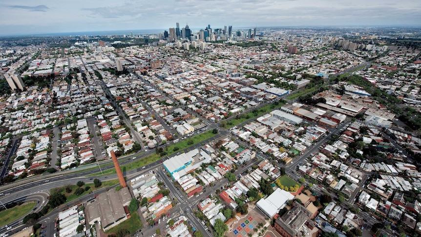 Aerial view of Melbourne from the end of the Eastern Freeway in Abbottsford