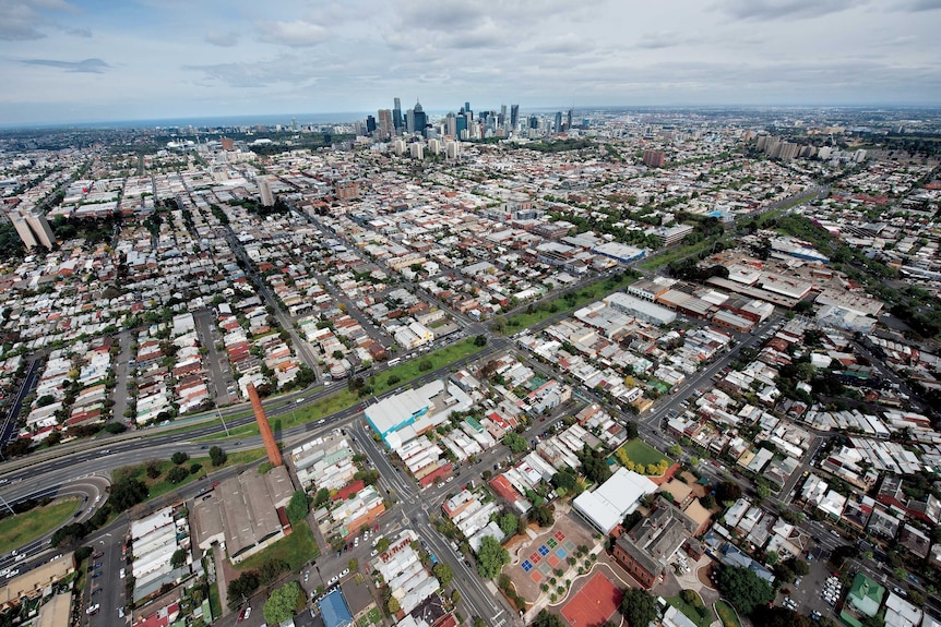 Aerial view of Melbourne from the end of the Eastern Freeway in Abbottsford