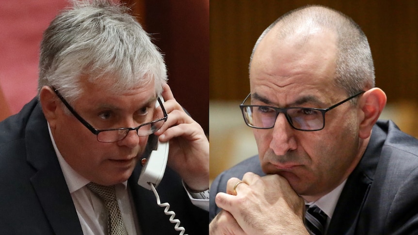 Composite image showing Senator Patrick on the left on the phone and Mr Pezzullo on the right resting his head in his hands