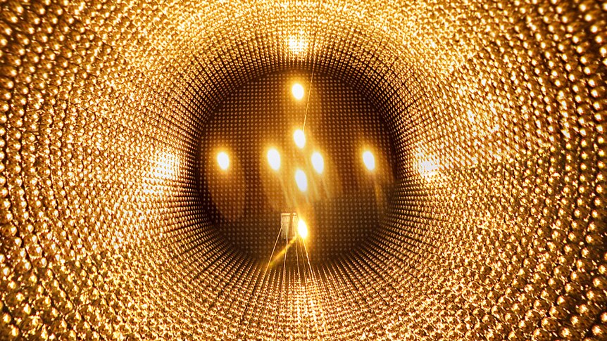 Thousands of dazzling golden lightbulbs line a large tank, leading up to an opening above.