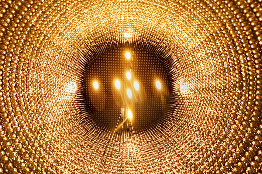 Thousands of dazzling golden lightbulbs line a large tank, leading up to an opening above.