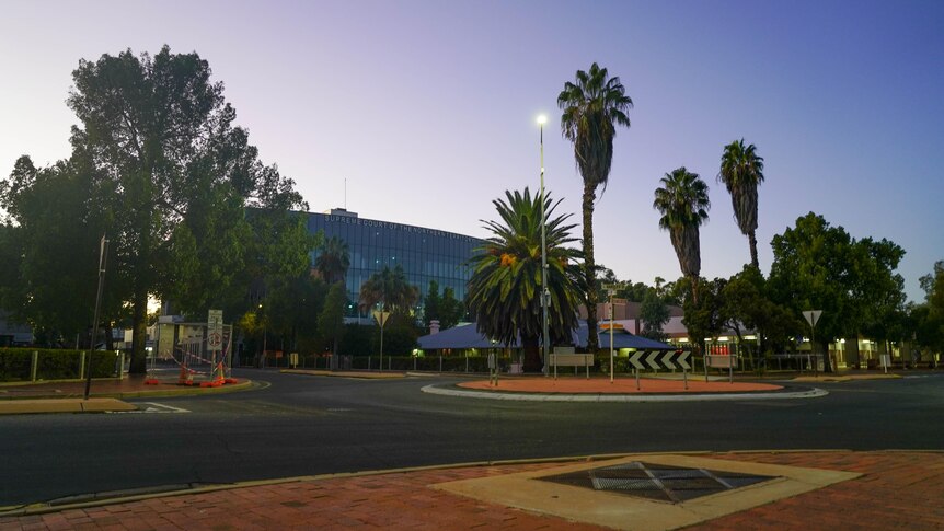 An exterior shot of the NT Supreme Court, in Alice Springs. Palm trees are visible in the foreground.
