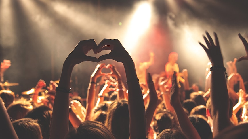 A crowd of people at a live concert. Two people make the shape of a love heart with their fingers.