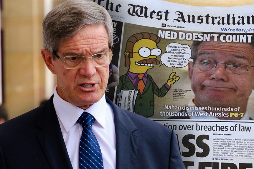 A montage of a headshot of Mike Nahan and the front page of the West Australian newspaper.