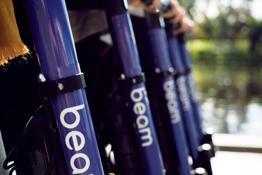 Five purple Beam-branded e-scooters, increasingly blurred as they extend blur into the background