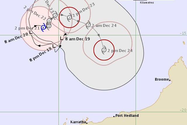 A tracking map for Tropical Cyclone Yvette showing its likely path towards the WA coast.