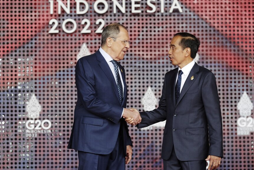 Indonesian President Joko Widodo greets Russia's Foreign Minister Sergei Lavrov.