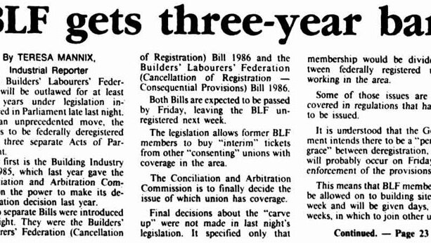 Archival article in the Canberra Times describes three year ban for the BLF