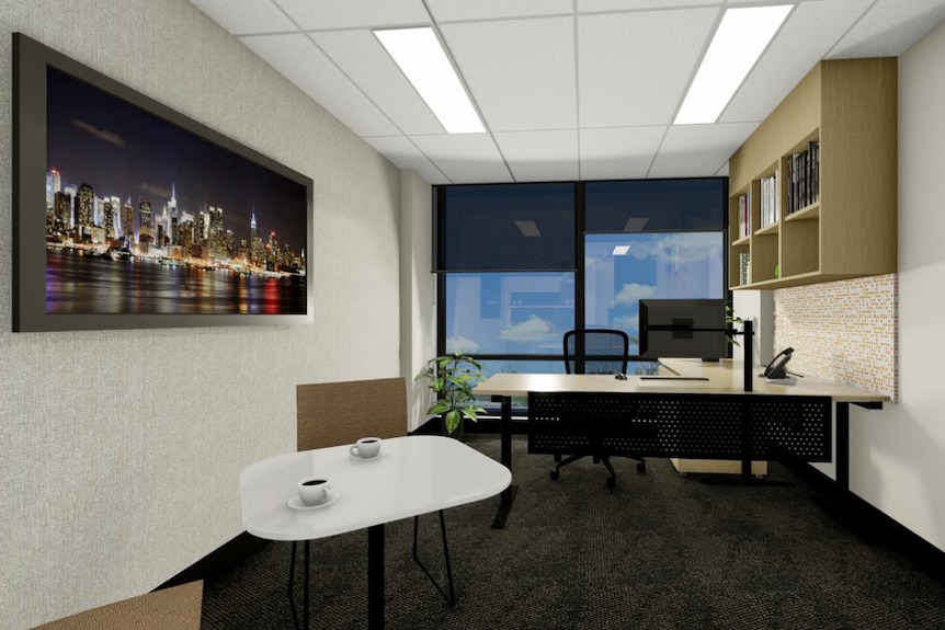A render of an office.