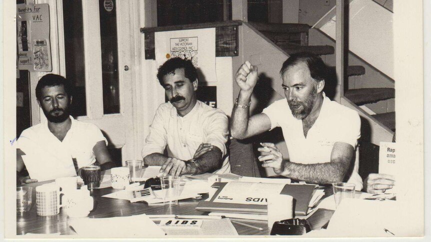 Don Baxter, Peter McCarthy, Lex Watson at a national AIDS activists meeting, Melbourne, 1984
