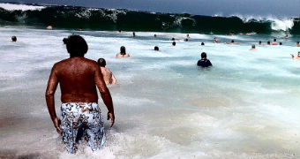 People swim in the surf at Bondi Beach.