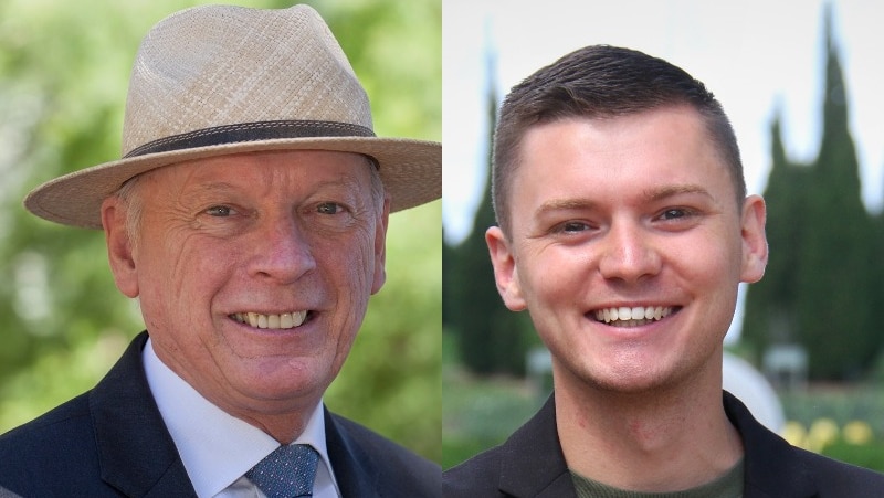 A composite image of an older man in a hat and a younger man, both smiling.