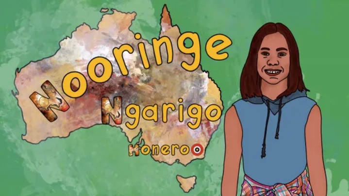 Animated image of a woman with the map of Australia and the text "Nooringe Ngarigo Honero"