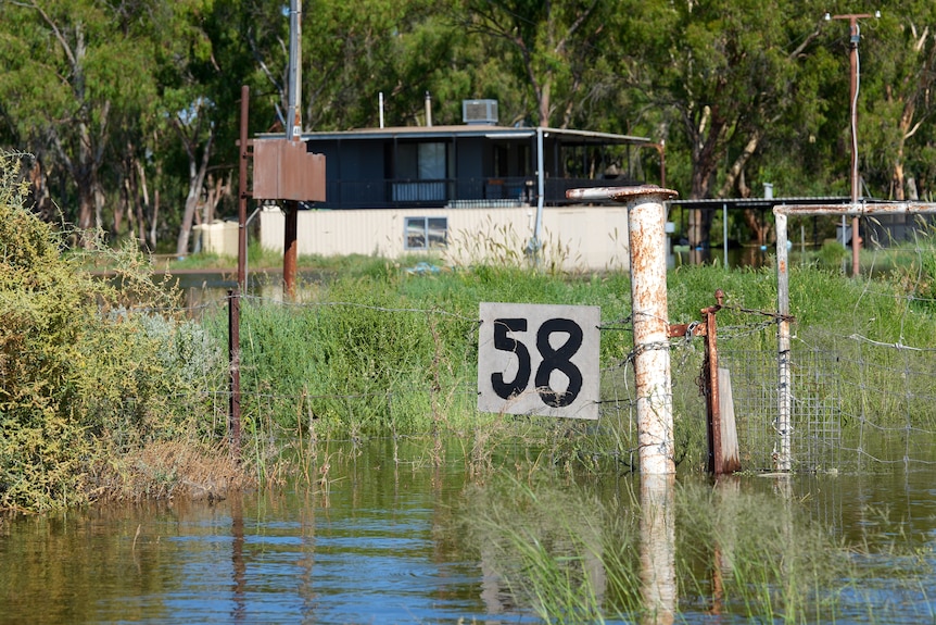 A house which has been flooded in Menindee with a number 58 on the fence