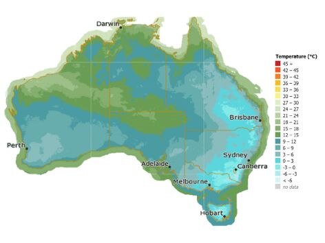 A colour-coded map of Australia indicating cold weather on the east coast