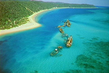 A birds-eye view of Moreton Island and the wrecks.