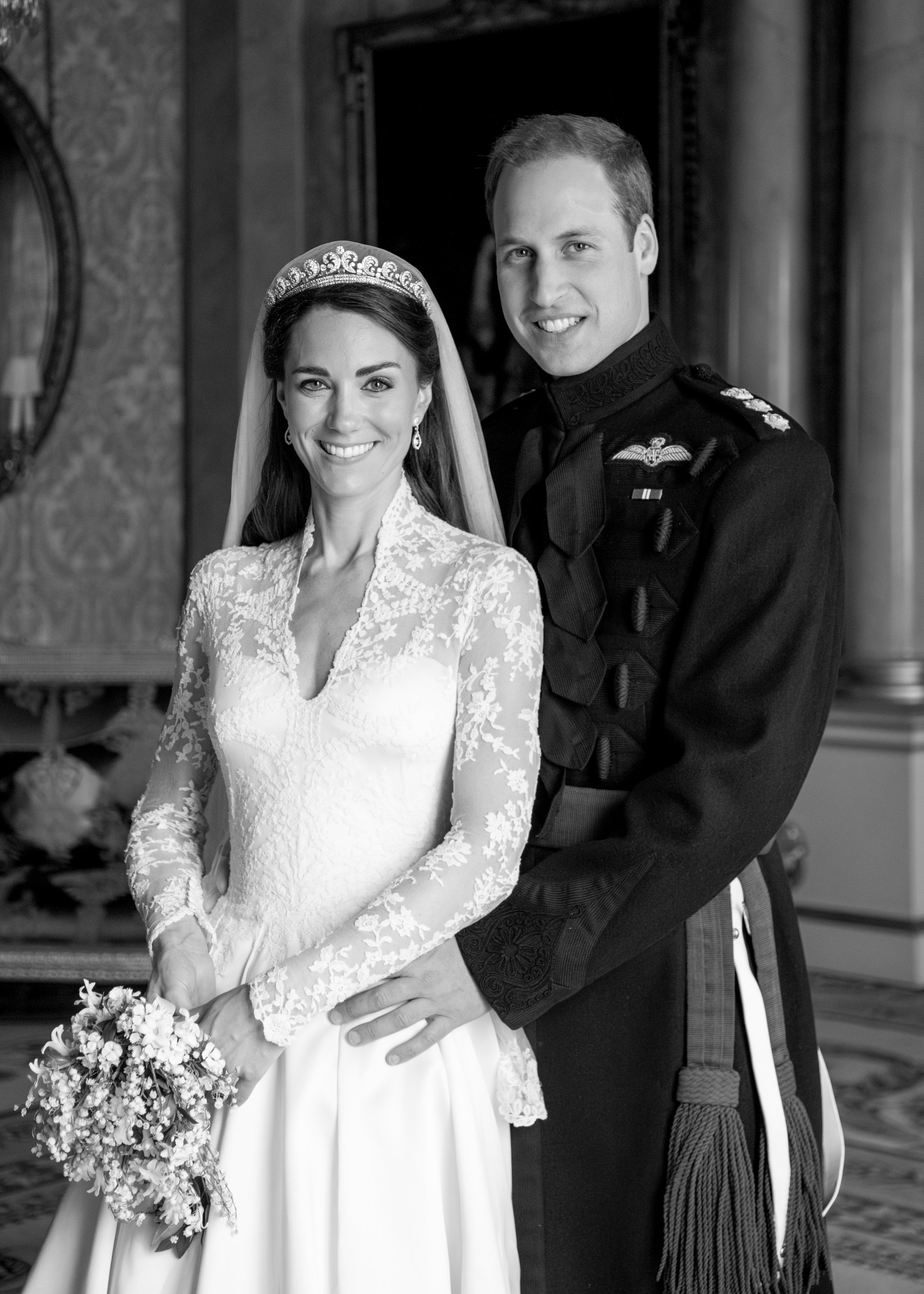 A a black and white portrait of Prince William and Catherine on their wedding day