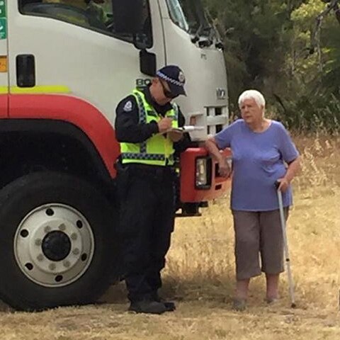 A police officer and an elderly woman with a walking stick stand next to a truck as the officer writes a ticket.