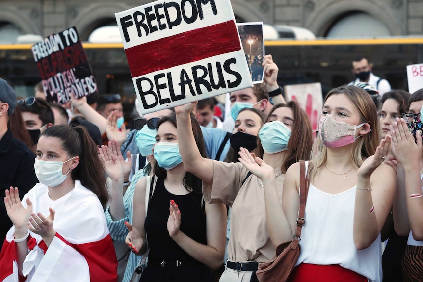 Young people demonstrate in support of Belarusians after a troubled weekend vote in Belarus.