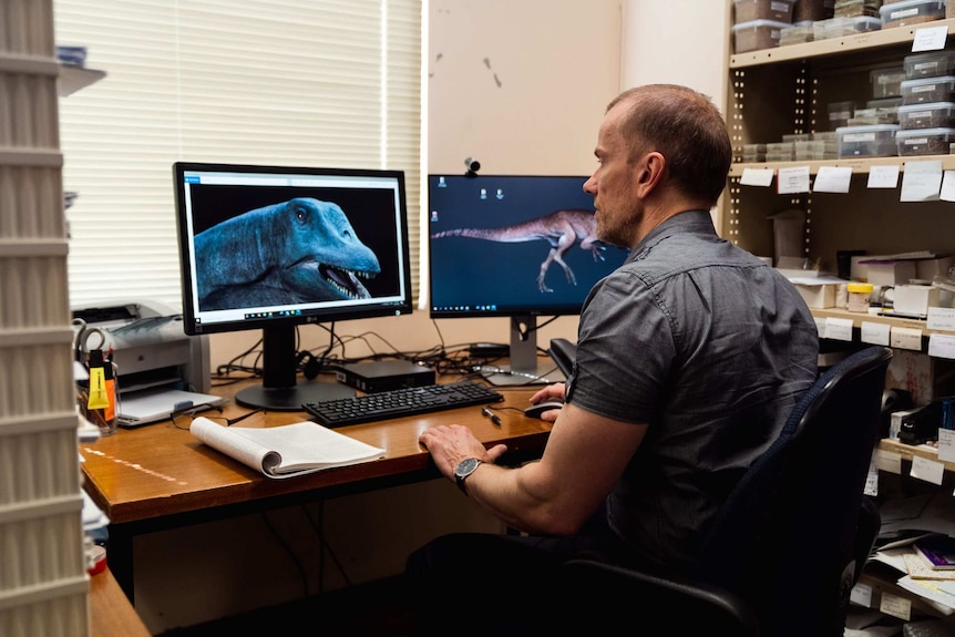 A man is sitting at the computer looking at dinosaurs on two display screens