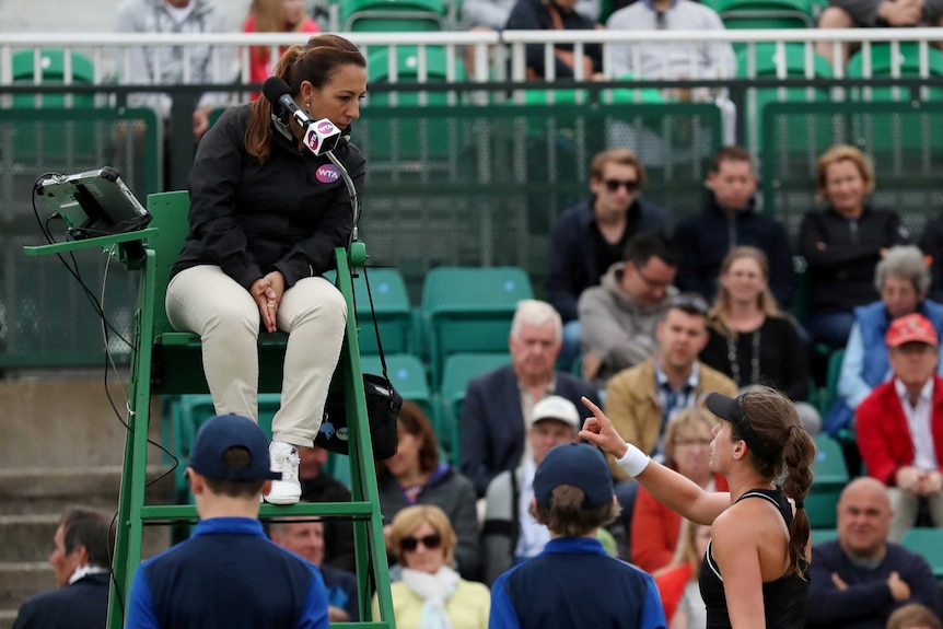 Johanna Konta remonstrates with the chair umpire